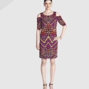 NWT Etcetera Multicolor Tiled Print Open Cold Shoulder Dress